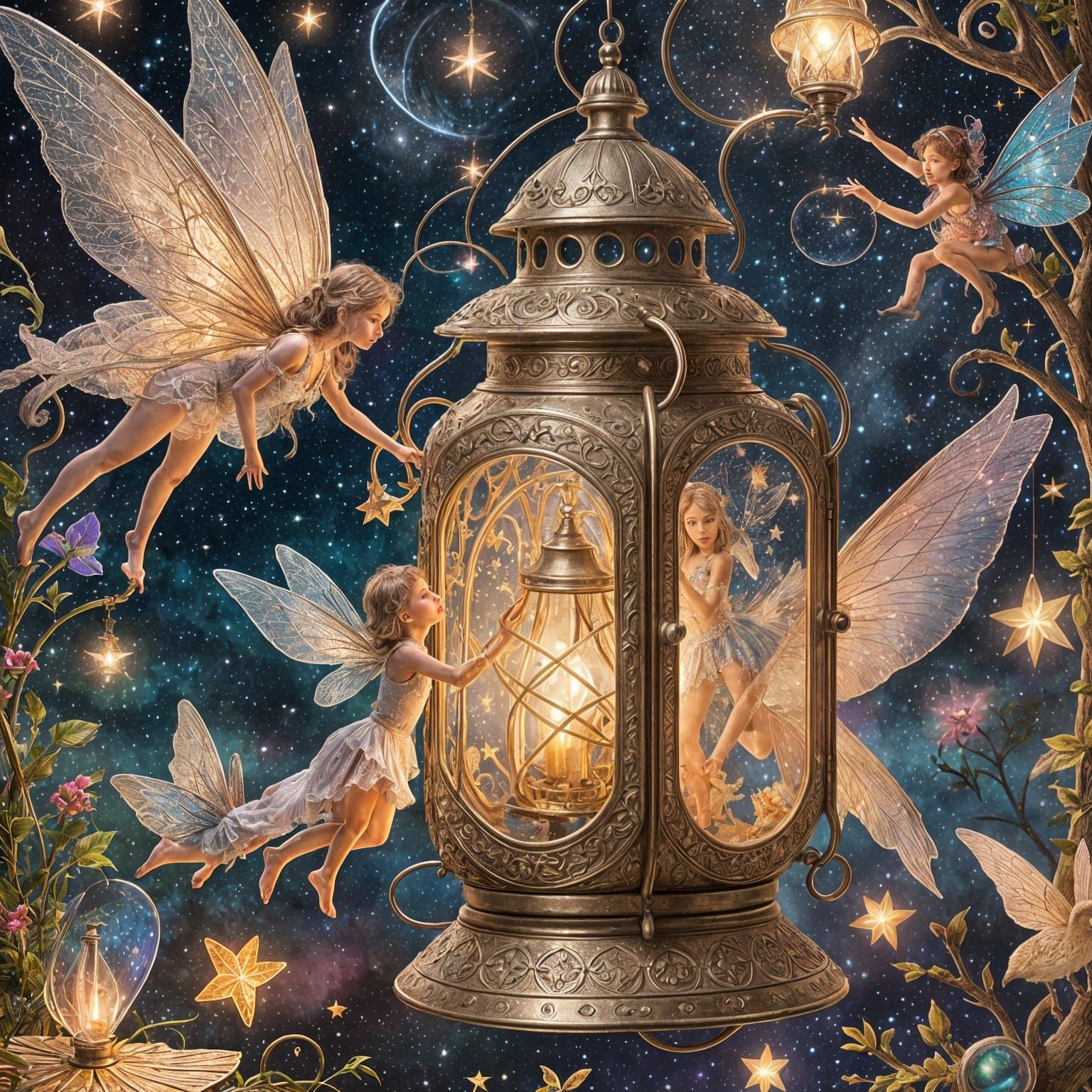 Fairy Starlight Lantern, Mixed Media Illustration