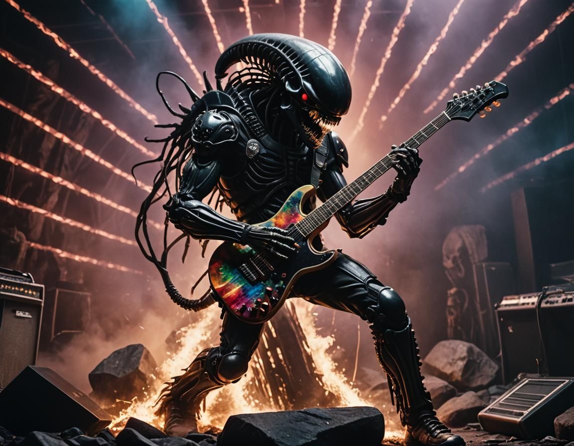 Xenomorph Shreds Skull Guitar on Rock Stage