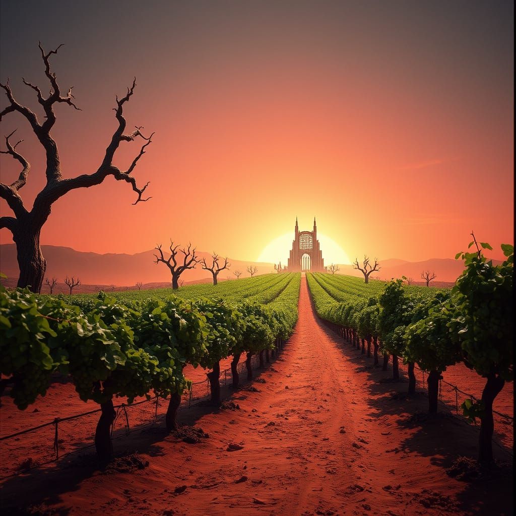 Ethereal Alien Vineyard in Vibrant Twilight