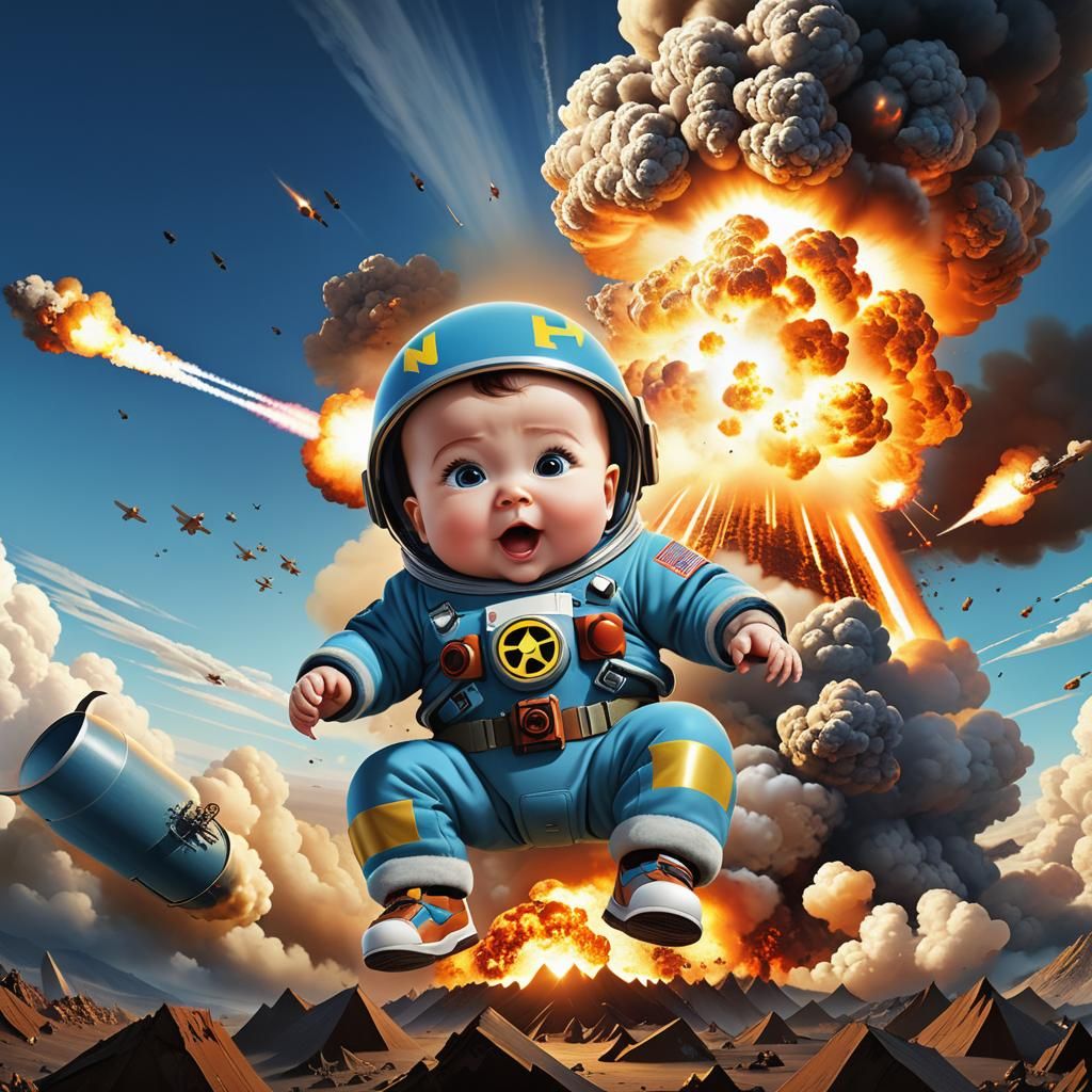 Humorous Baby with Nuclear Explosion, Pixar Style