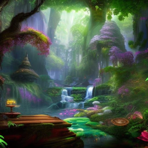 Lush Steampunk Jungle with Sapphire Waterfalls