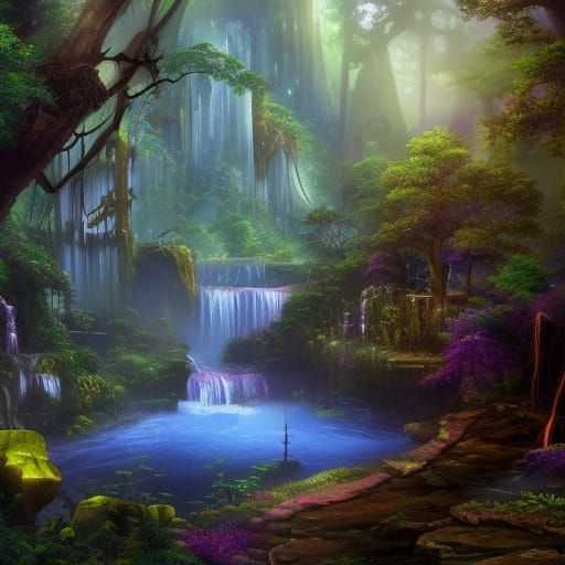 Steampunk Jungle with Sapphire Waterfalls in Moonlight