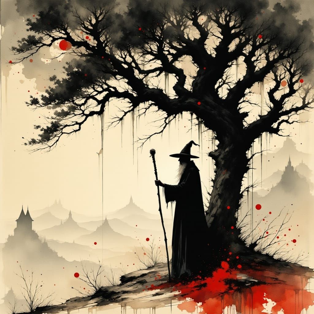 Gray and Red Wizard Under Oak, Watercolor Style