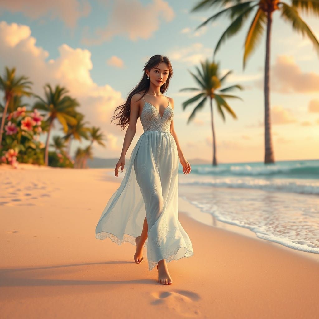 Ethereal Beach Goddess in Pale Blue Gown, Anime-Inspired 3D...