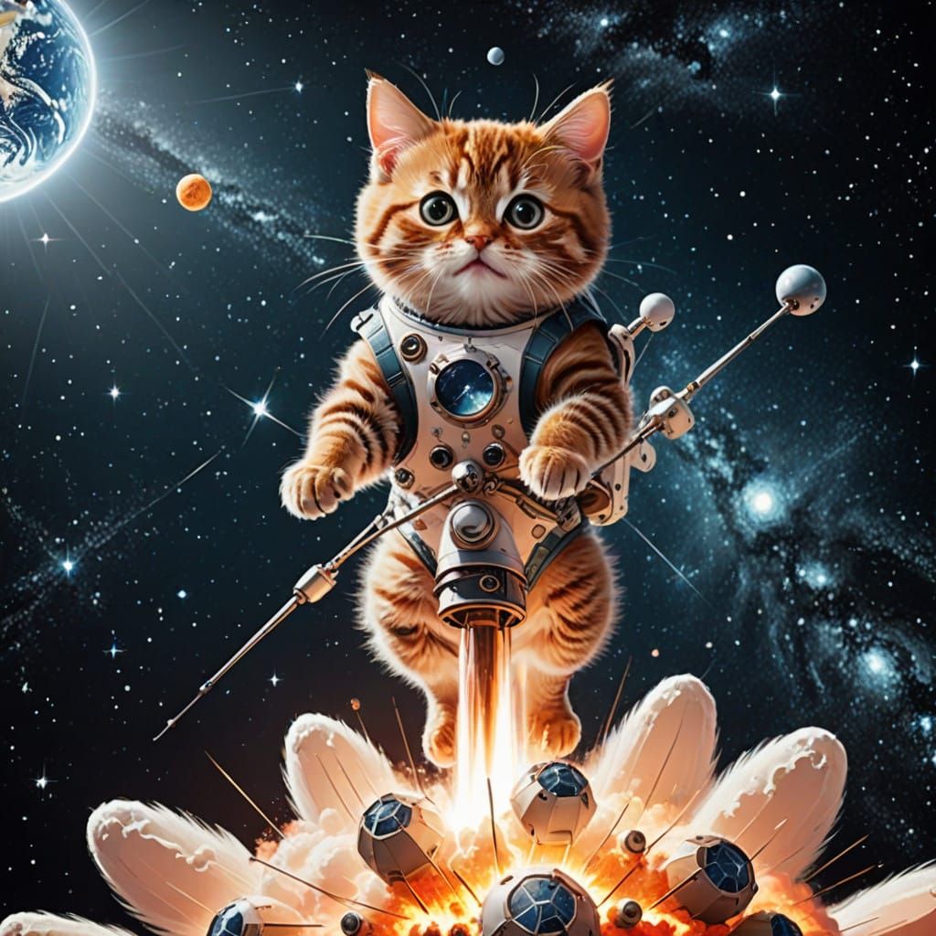 Sputnik 1 Satellite in Outer Space with Adorable Kitty Cat