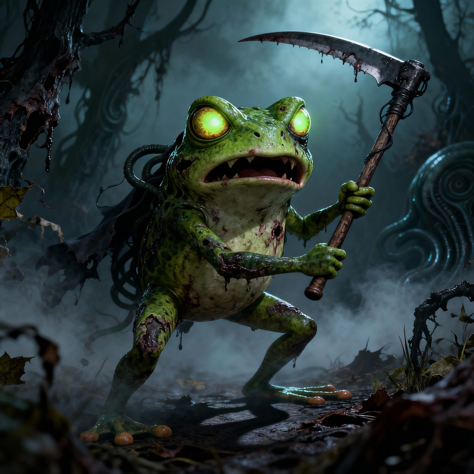 Menacing Cartoon Frog With Scythe Halloween Zombie Style