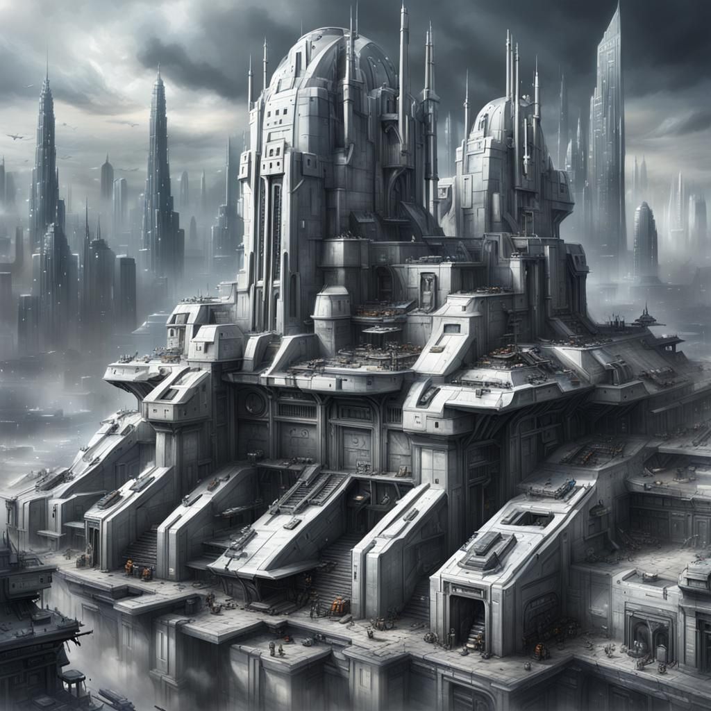 Cybernetic Fortress in City: Digital Matte Painting