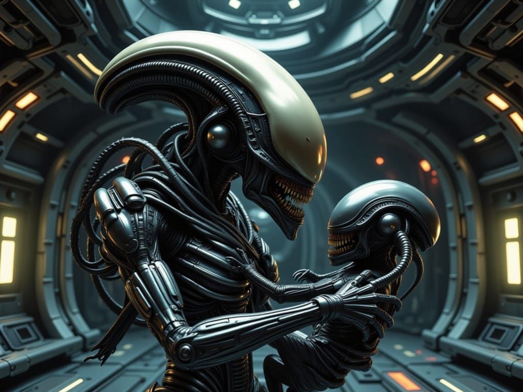 Xenomorph Queen with Hybrid Baby in Detailed Spacecraft