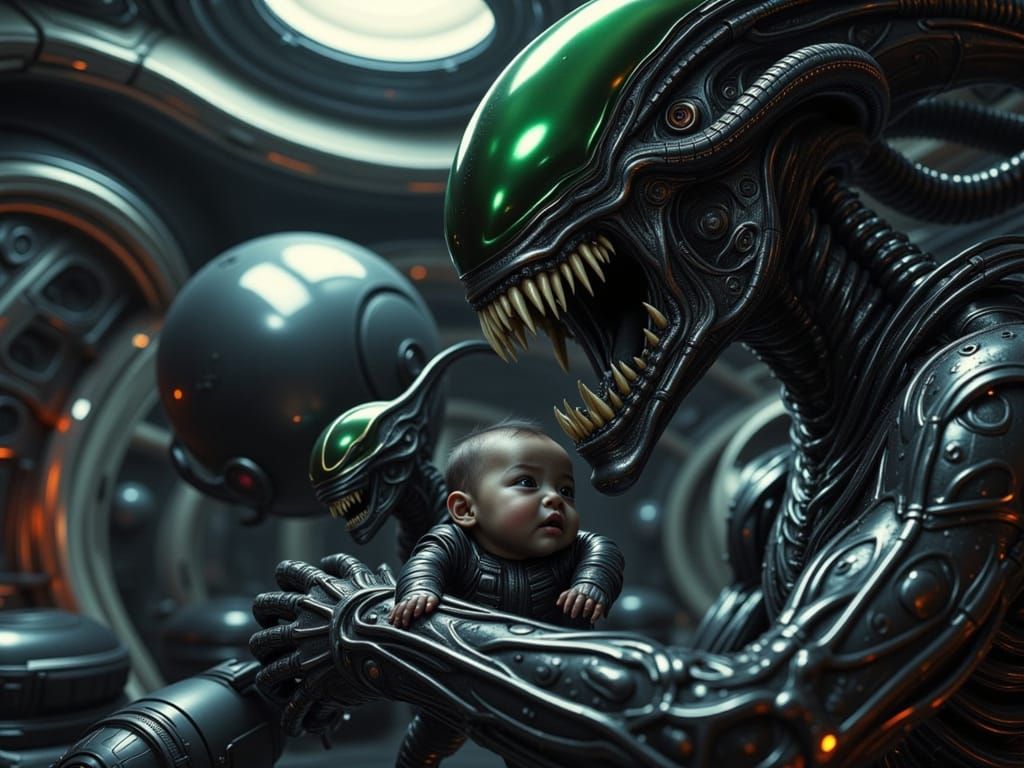 Queen Xenomorph with Hybrid Baby in Detailed Spacecraft