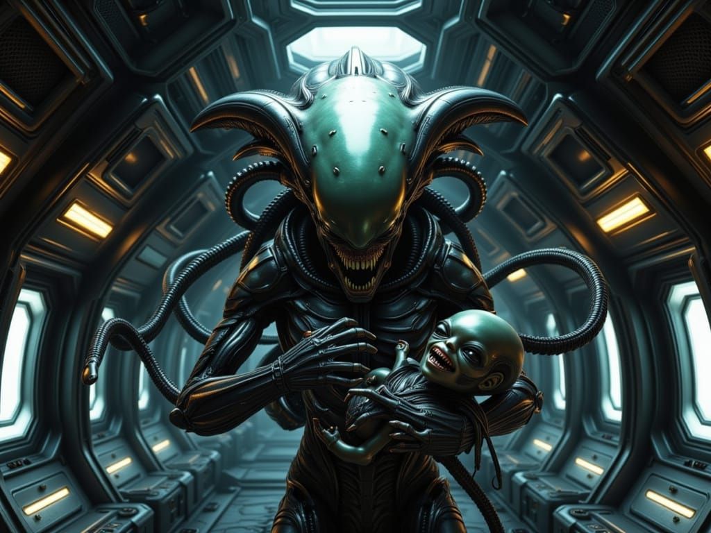 Xenomorph Queen with Hybrid Baby in Detailed Spacecraft