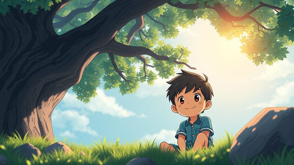 Child Enjoys Comics Under a Majestic Tree in a Vibrant Anime...