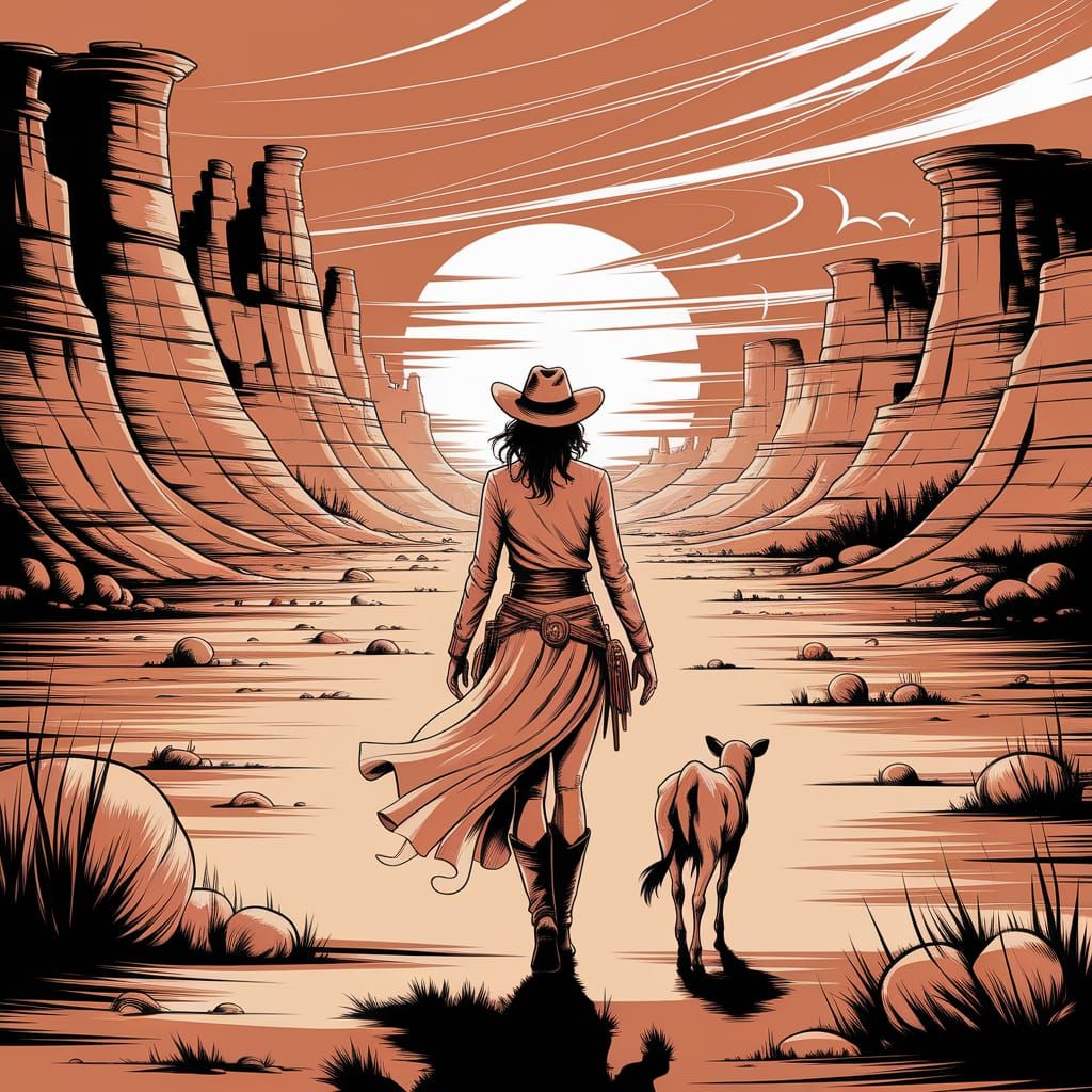 Post-Apocalyptic Cowgirl in Desert Canyon at Sunset