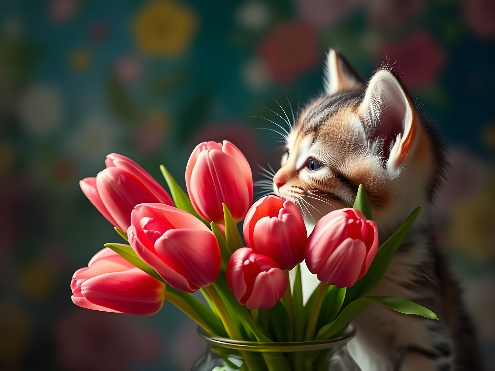 Whimsical Kitten Admires Vibrant Tulip Bouquet