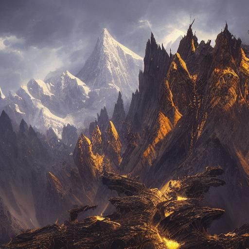 Black and Gold Dragon on Mountain, Dark Fantasy Art