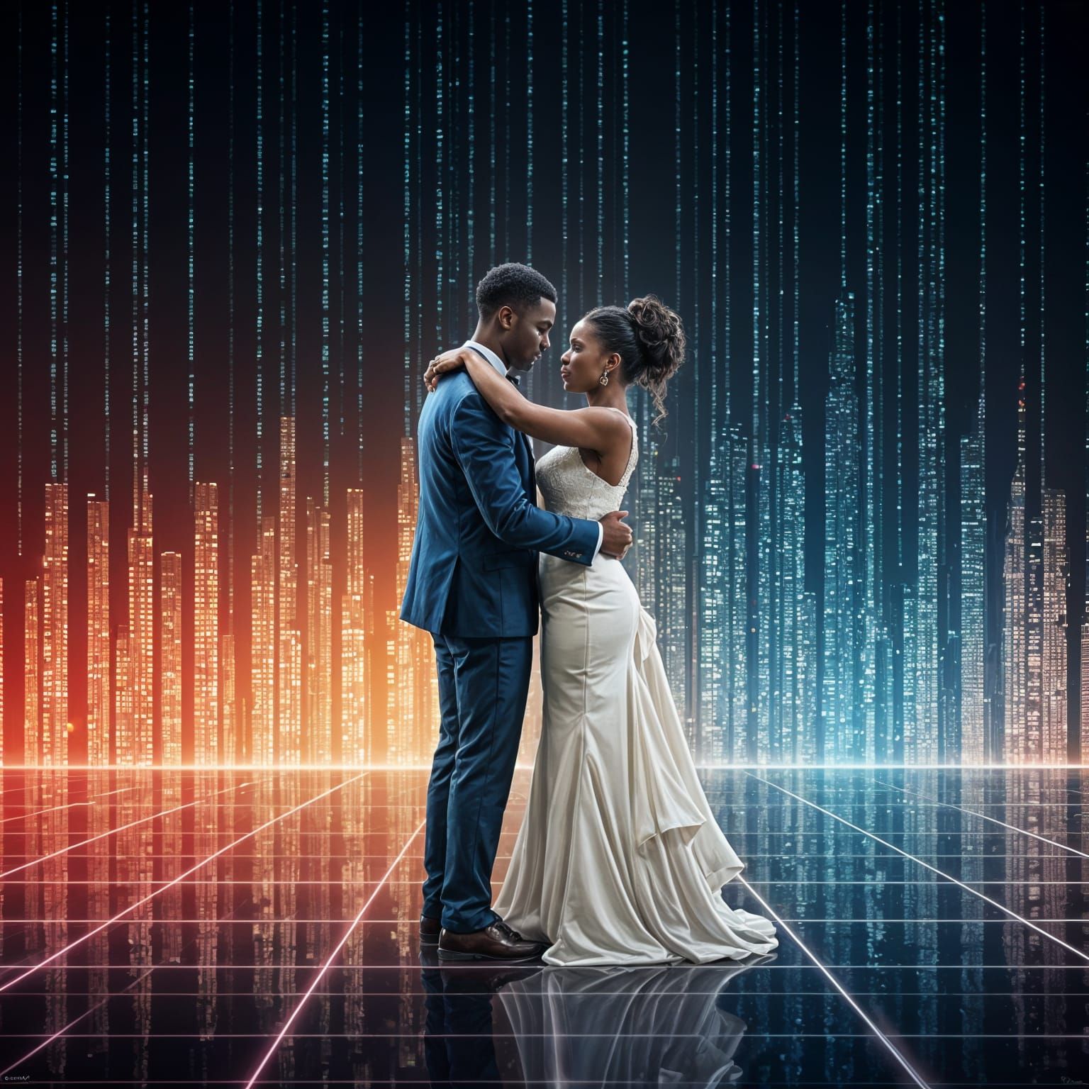 Couple's First Dance in a Futuristic Digital City