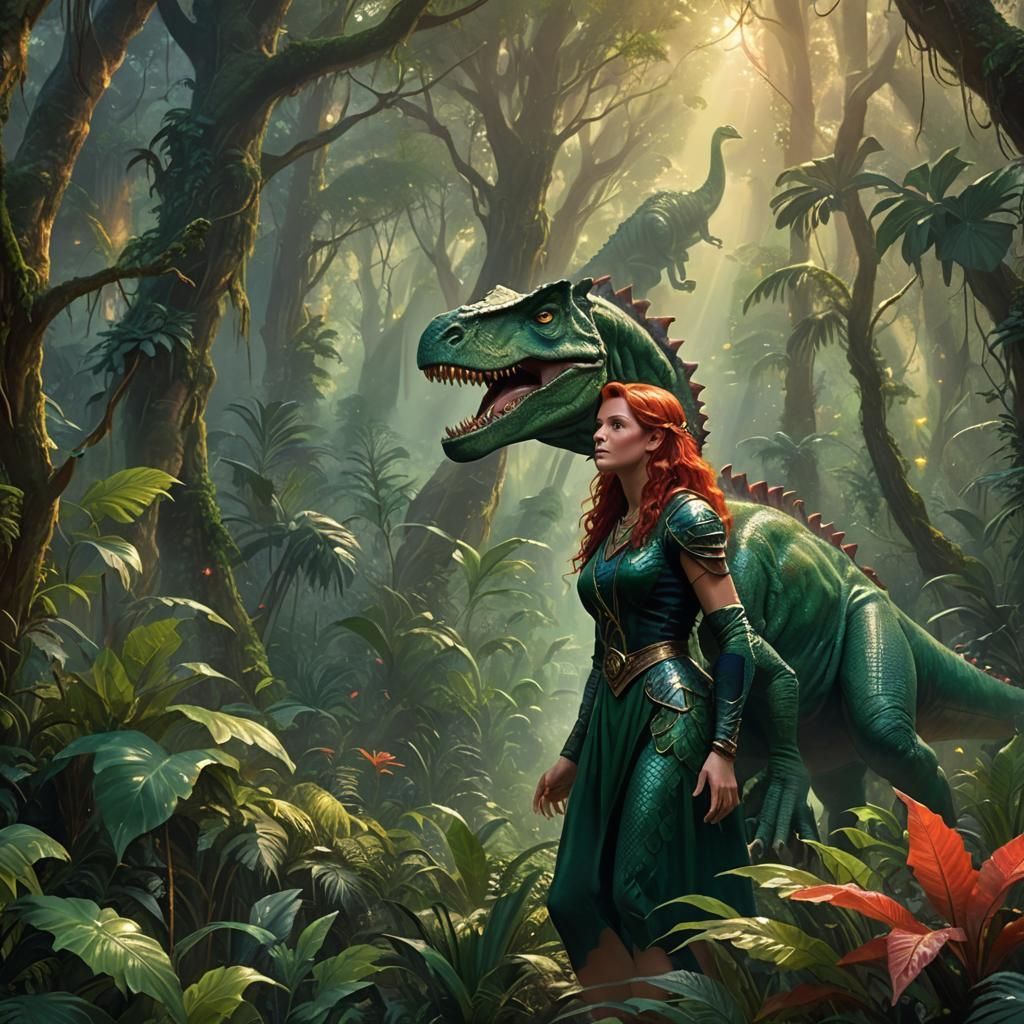 Dinosaur Woman in Jungle: Ethereal Fantasy Illustration