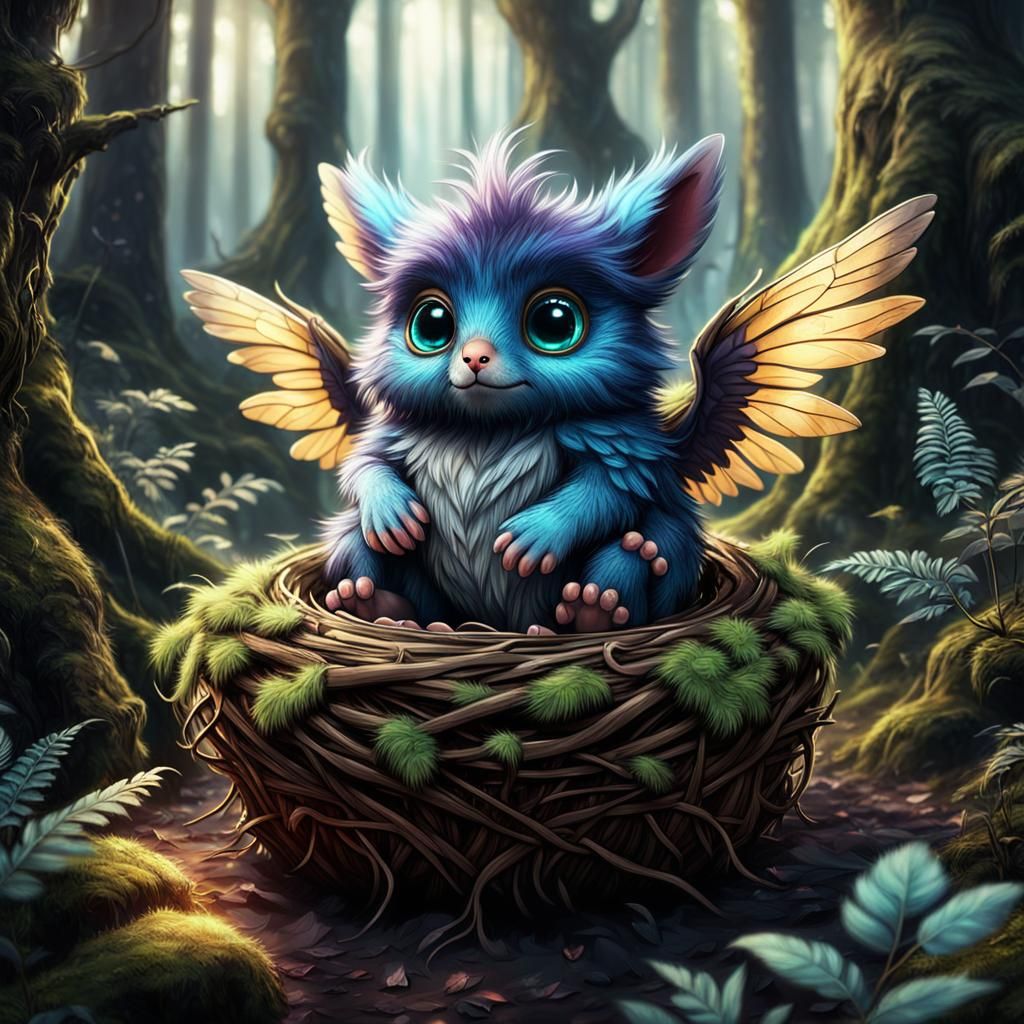 Fluffy Winged Creature in Magical Forest: Fantasy Art