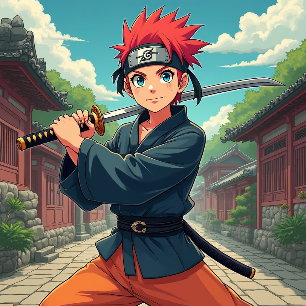 Naruto-Style Ninja in Japanese Village Scene
