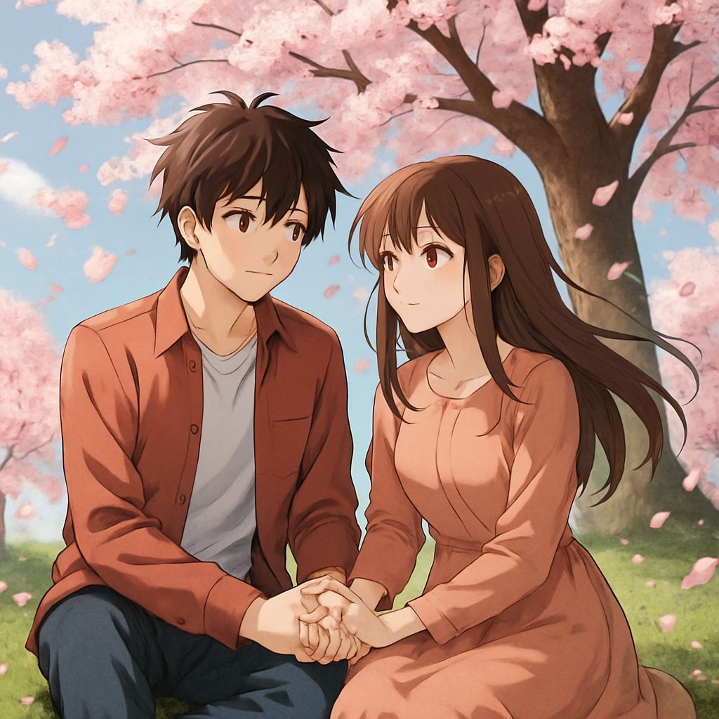 A anime couple sitting under a cherry blossom tree holding h...