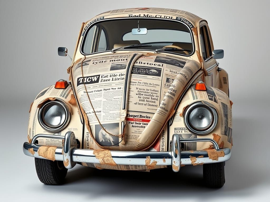 Vintage Newsprint Beetle: Surrealist Collage Car