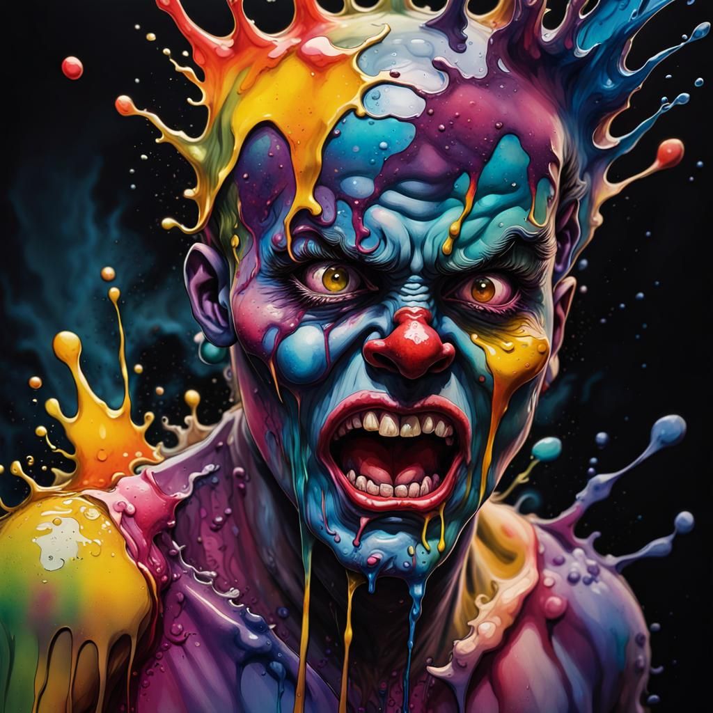 Scary Clown in Hyperrealistic Watercolor Splash Art