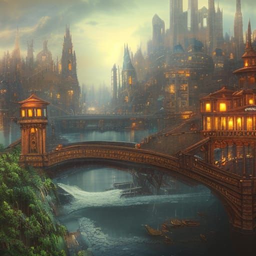 Detailed Cityscape with Bridges in Fantasy Concept Art