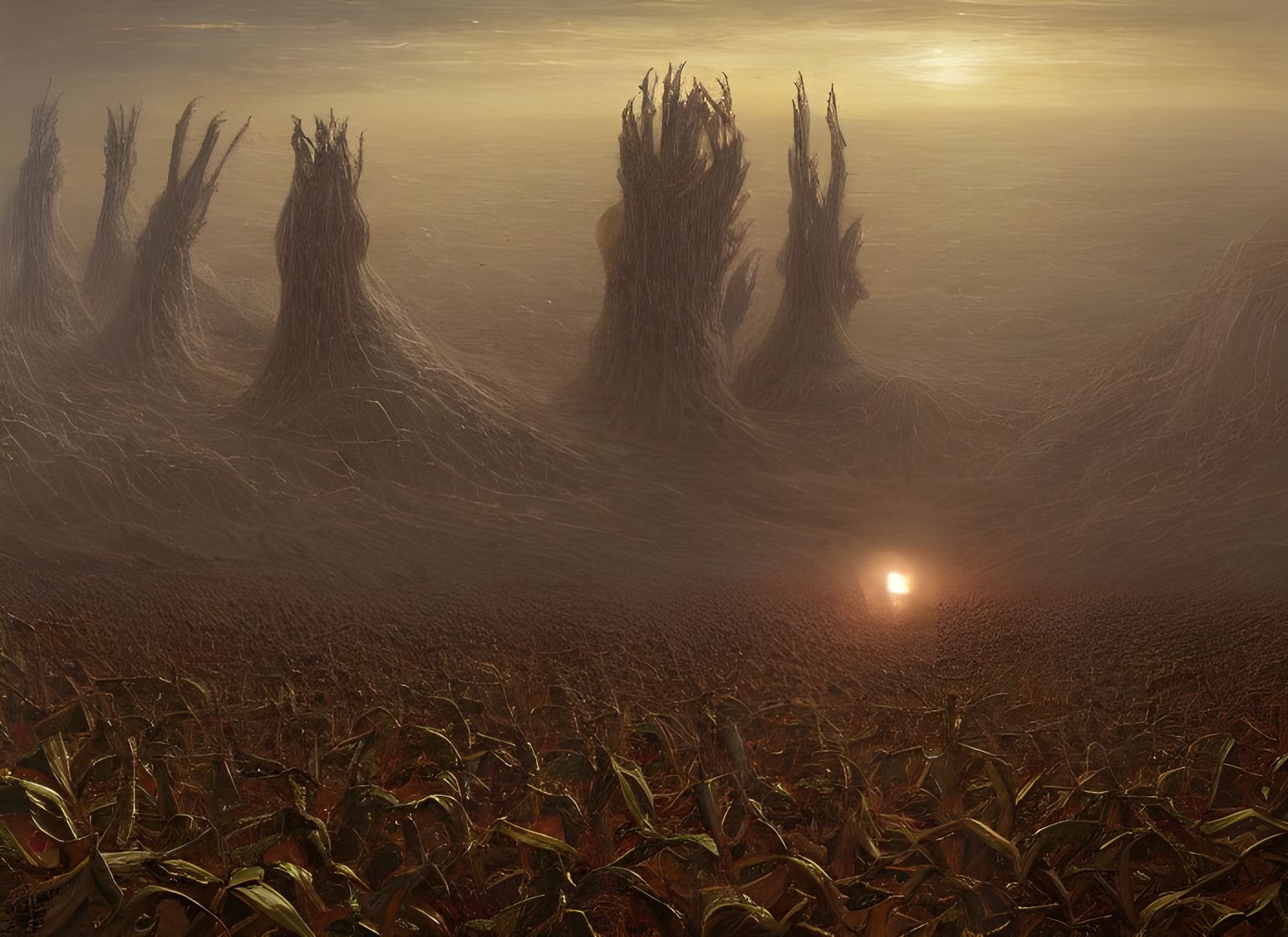 Alien Ships Harvest Cornfields: Dark Surrealist Concept Art