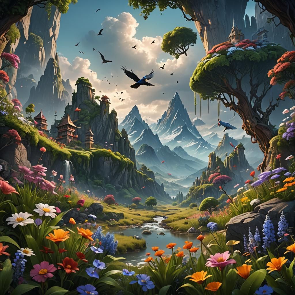 Lush Mountain Landscape with Birds and Flowers