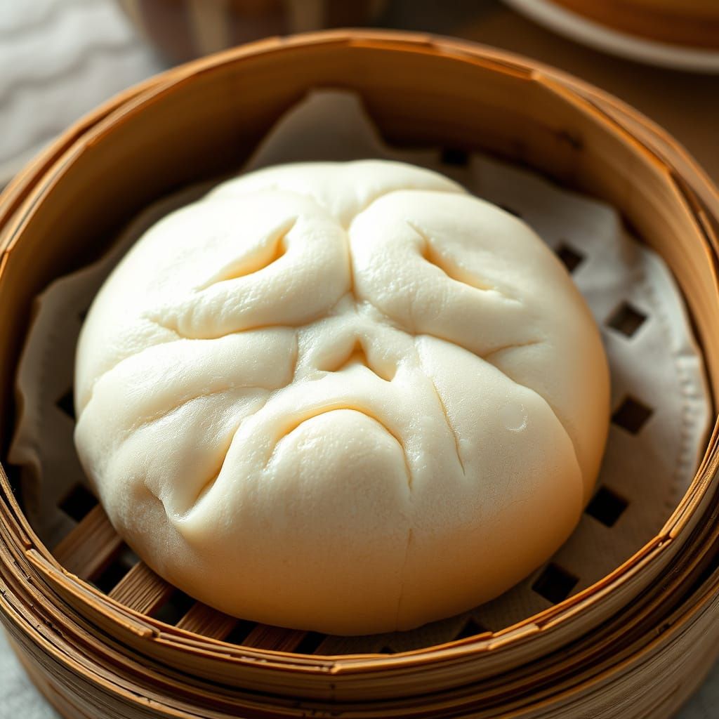 Sulking Pork Bun in Photorealistic Bamboo Steamer