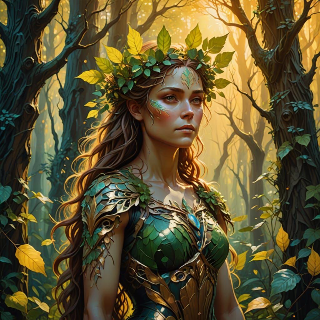 Enchanting Dryad in Golden Forest Light