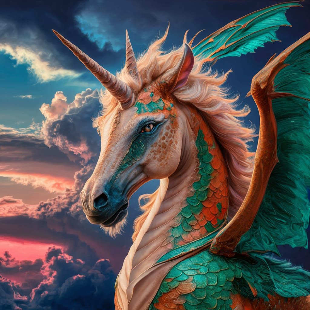 Majestic Unicorn-Dragon in Hyperrealistic Digital Painting