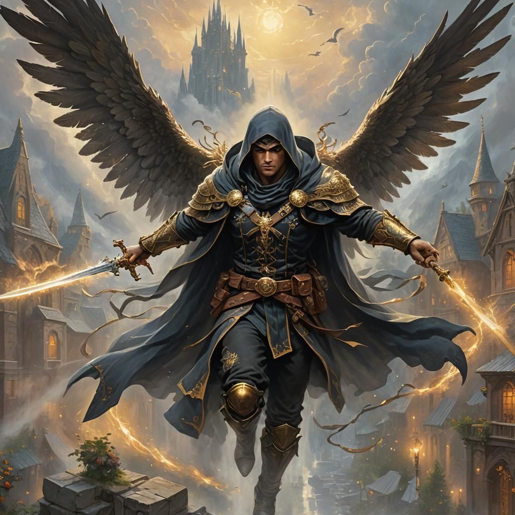 Aasimar Rogue in Flight with Angel Wings