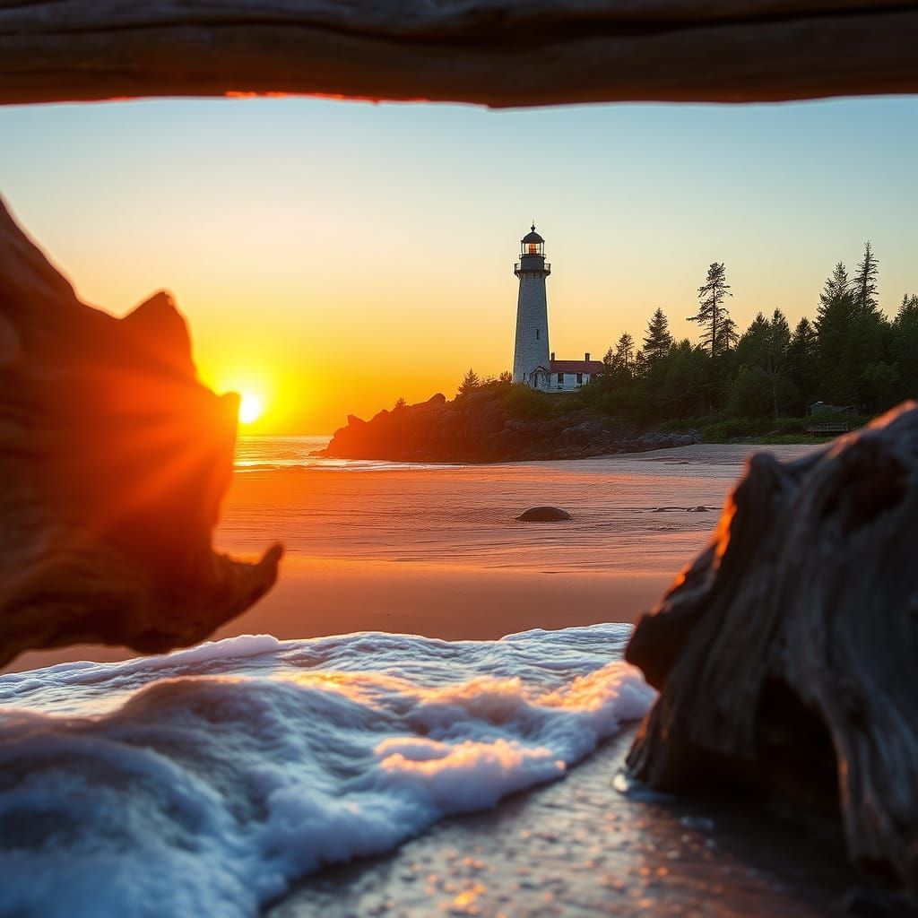 Beautifully composed sunset view of Crisp Point Lighthouse on Lake Superior, from the beach MI, USA 🇺🇸