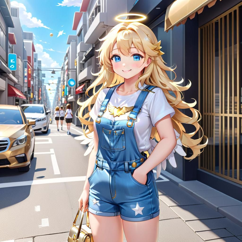 Anime Angel in Denim Overalls on Heavenly Street