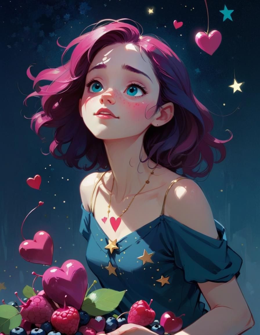 Colorful Berries with Hearts and Stars Illustration