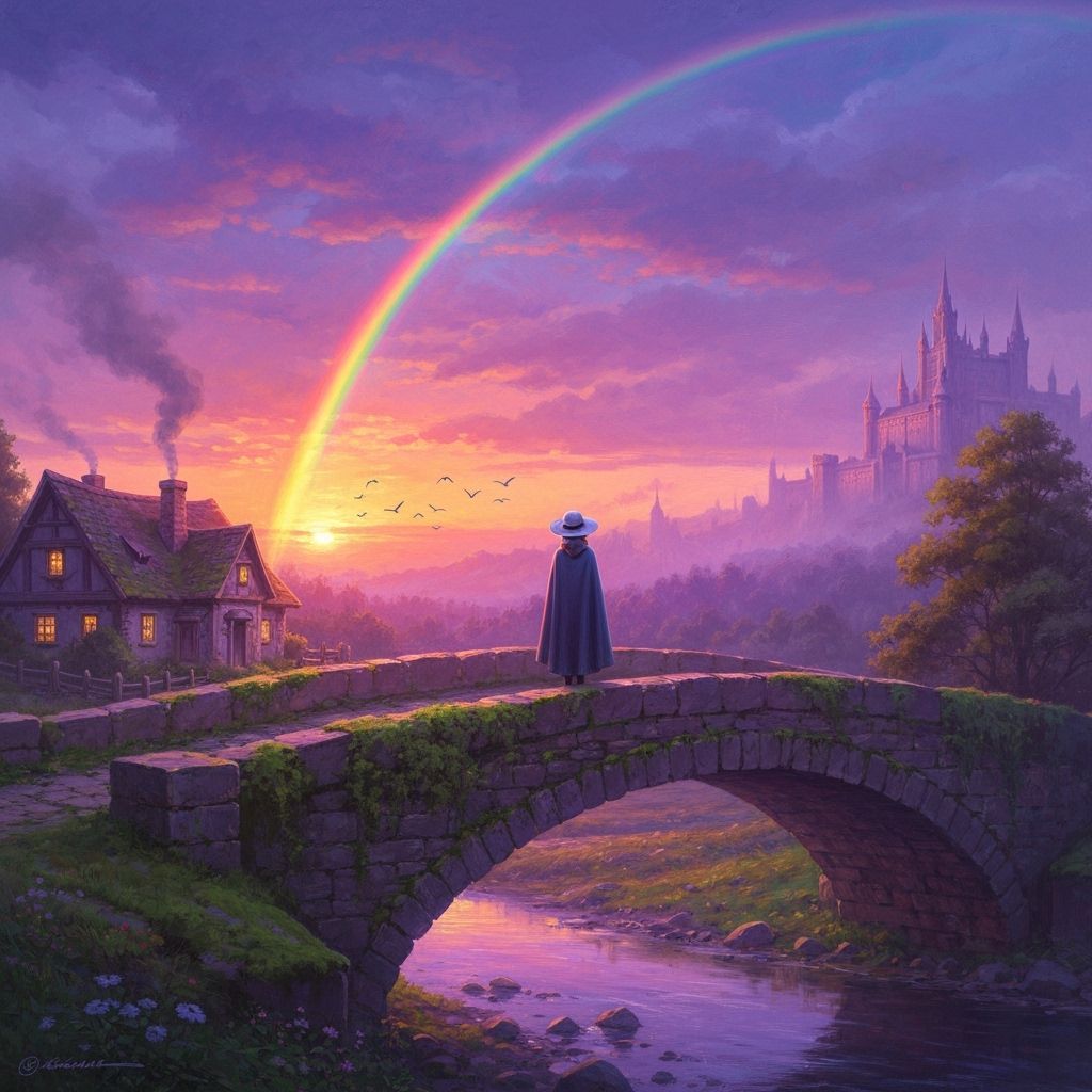 Cloaked Woman on Bridge Watching Magical Sunset with Rainbow