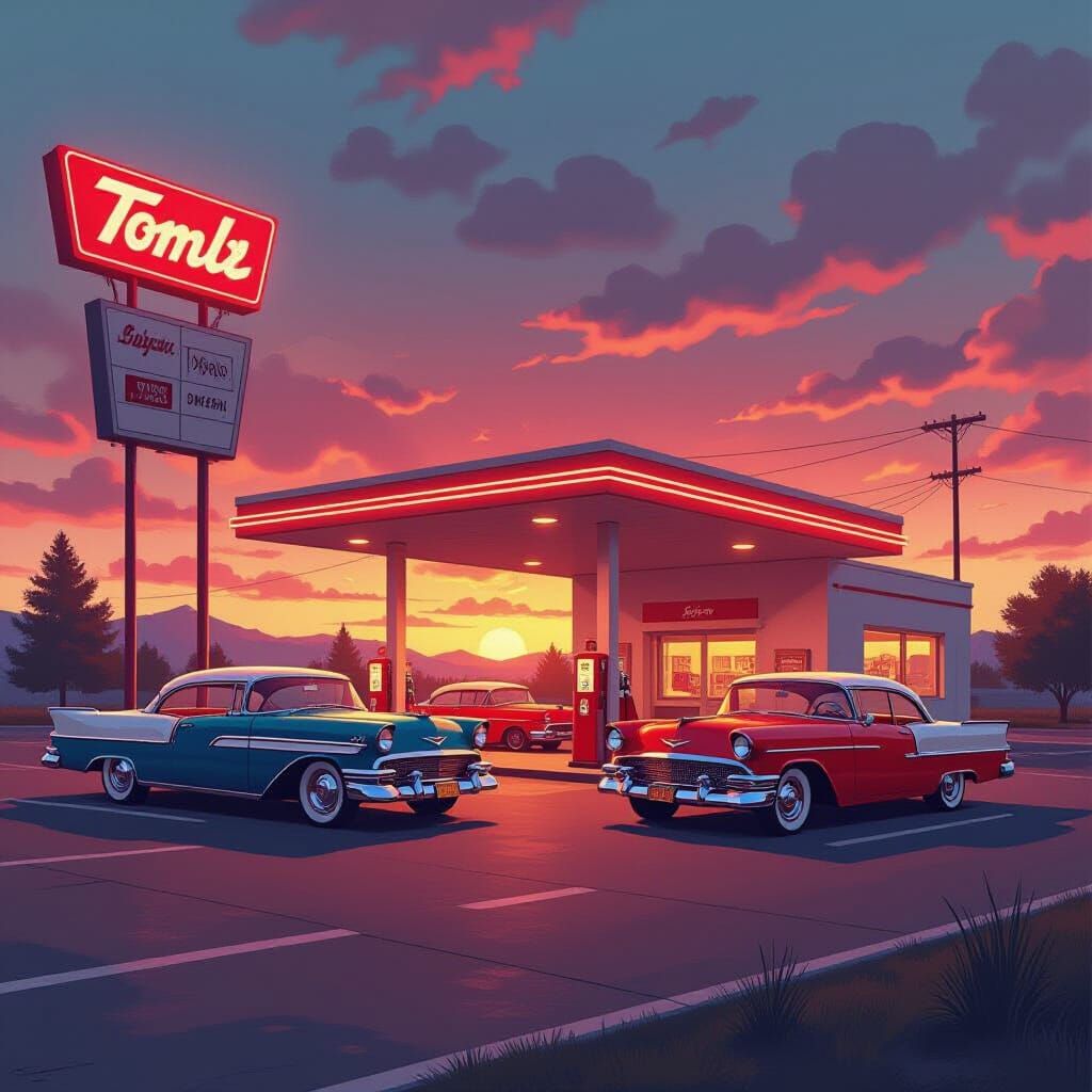 1950s Vintage Gas Station with Retro Cars & Neon Lights