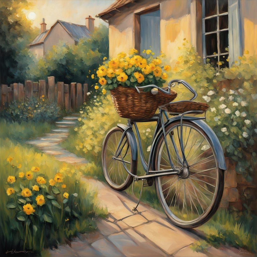 Antique Bicycle in Overgrown Garden Oil Painting