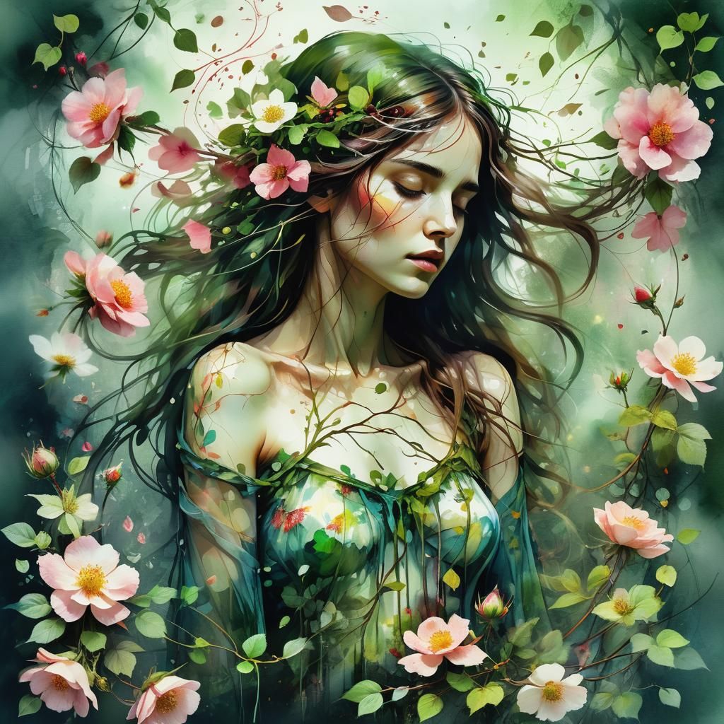 Dreamy Double Exposure: Woman Surrounded by Wild Roses