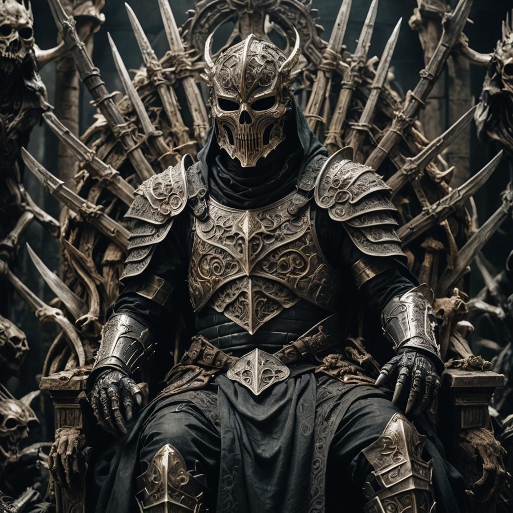 Menacing Armored Figure on Bone Throne: Cinematic Still