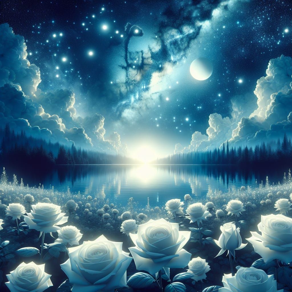 Ethereal Lake with Roses Under Cosmic Sky