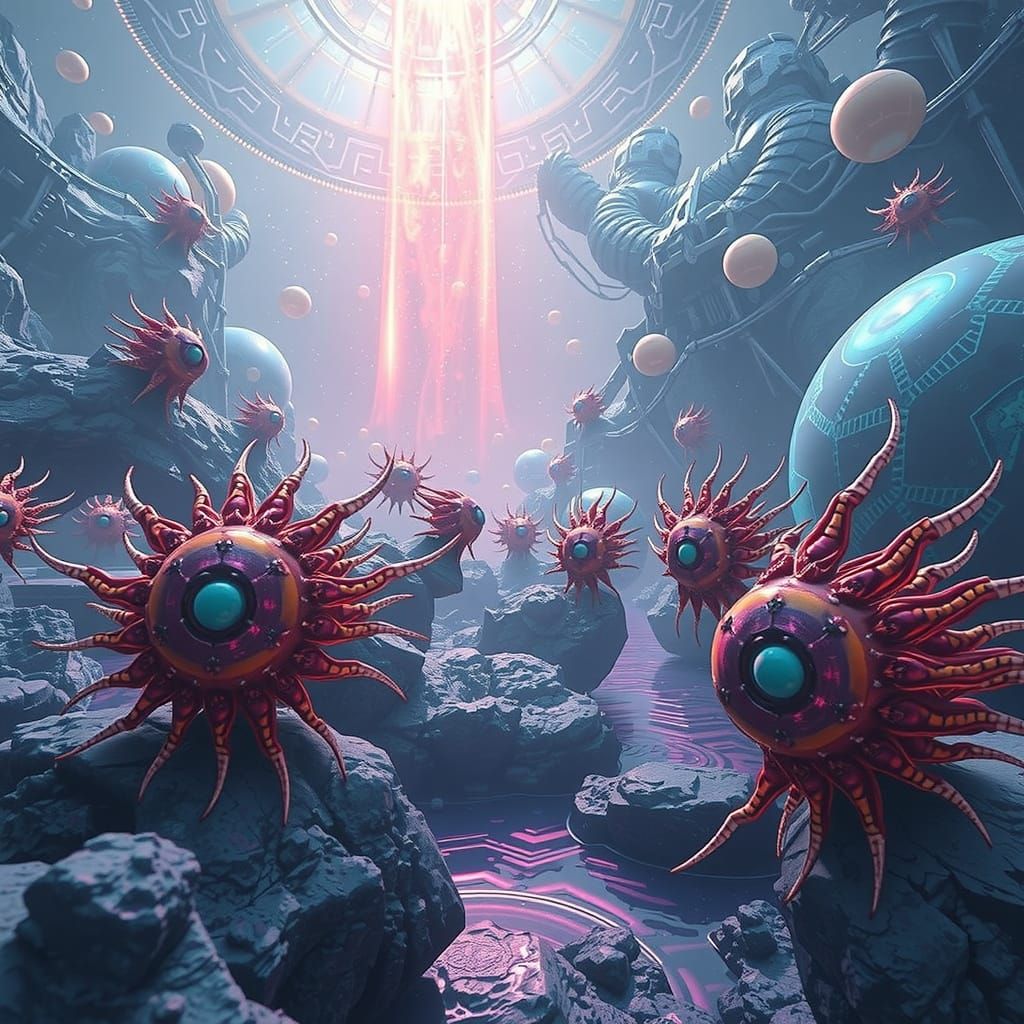 Hyper-Realistic Quantum Realm in Neon-Lit Cyberpunk Style