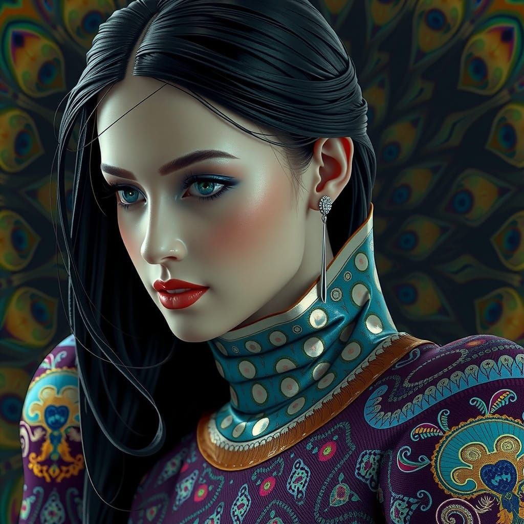 Surreal Dreamscapes of an Elongated Peacock in Shimmering Te...