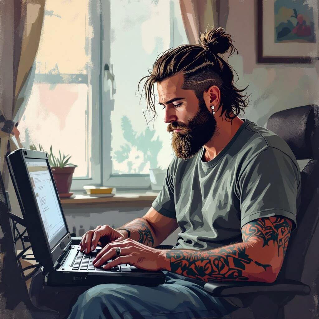 Forklift Driver With Mullet Contemplates Life in Abstract St...