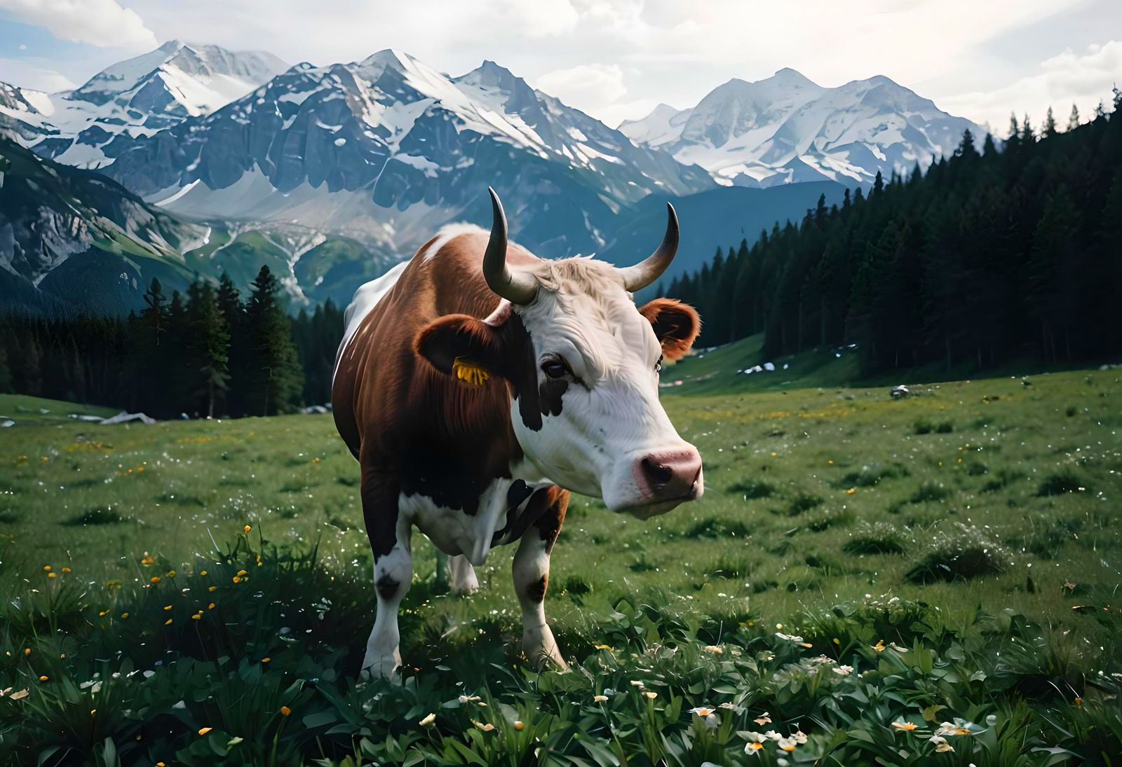 Piebald Bull in Alpine Meadow: 8K Scenic Photo