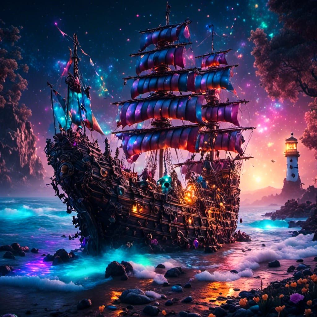 Pirate Kitten Sails Rainbow Ship: Detailed Matte Painting