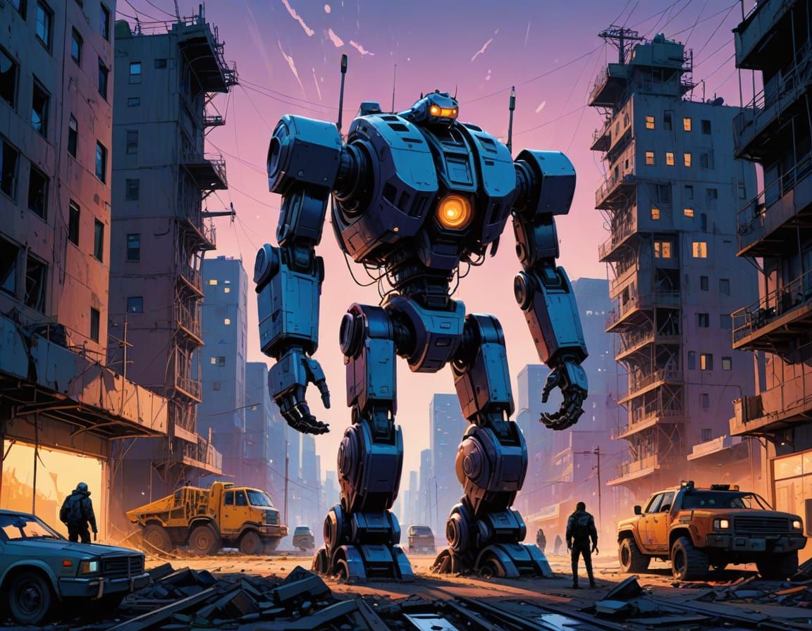 Cyberpunk Robot Builder in Watercolor-Inspired Scene