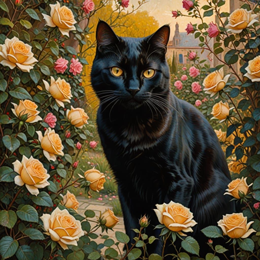 Black Cat Prowls Among Roses: Pre-Raphaelite Painting