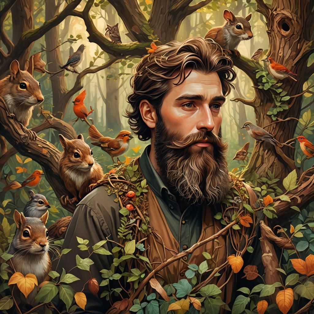 Woodland Critters Living in a Man's Beard: Digital Art