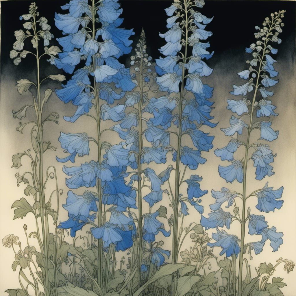 Delphinium and Monkshood Illustration in Enchanted Style